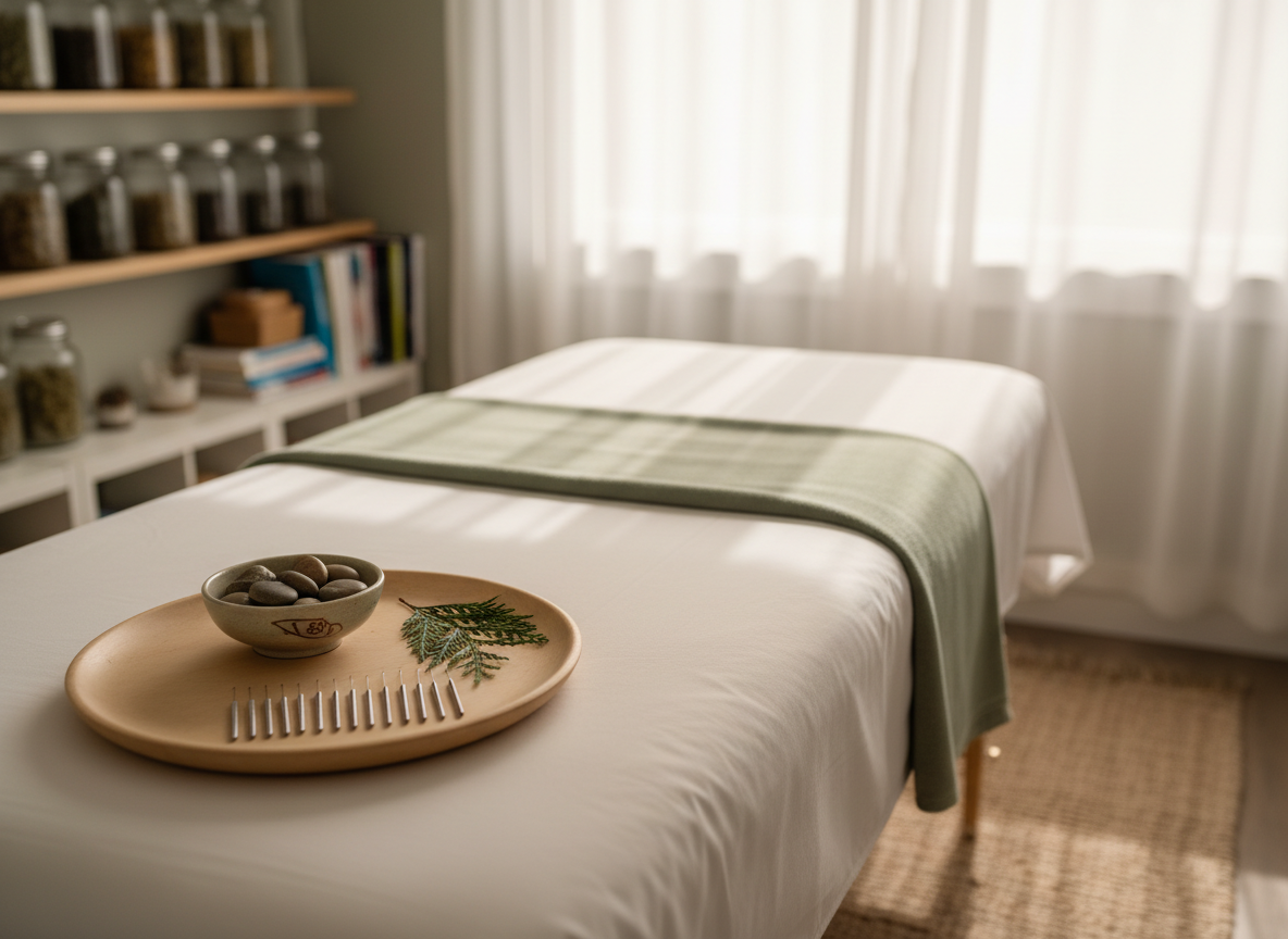 A tranquil acupuncture treatment room with a single, neatly made massage table draped in soft white linens and a folded sage-green blanket at the foot. On a nearby smooth wooden tray, a carefully arranged set of stainless steel acupuncture needles rests beside a small ceramic bowl of polished river stones and a sprig of fresh cedar. Warm afternoon sunlight filters through sheer curtains, casting gentle patterns on the natural fiber rug. Photographic realism at eye level, using a shallow depth of field so the tray and table are in crisp focus while shelves of herbal jars and wellness books blur softly in the background. The mood is calm, professional, and deeply restorative, emphasizing cleanliness and trust.